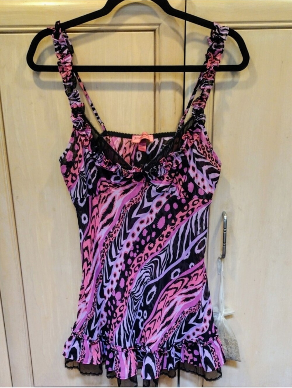 Vintage Betsey Johnson Pink, Purple & Black Animal Print Ruffled Chemise Nighty